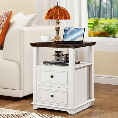 Vipbear 18" Blue Nightstand with Chargers Rustic Wooden High Nightstand with 2 Drawers for Bedroom, Living Room and Closet