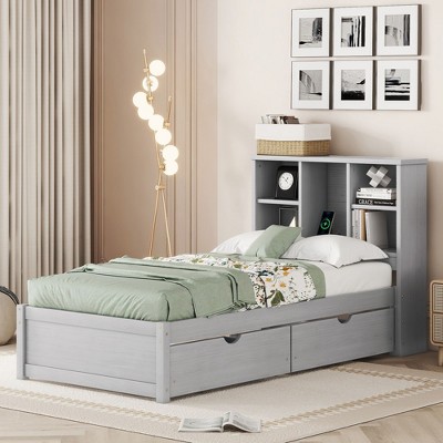 VASIP Modern Twin Bed Frame with Built-in USB Ports, Bookcase Headboard & 2 Storage Drawers - Grey Finish, Space-Saving Design