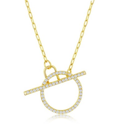 Bella Silver Sterling Silver, Paperclip CZ Circle Toggle Necklace - Gold Plated - Gold - 16 Inch
