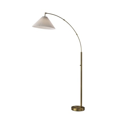 Adesso Delaney Arc Lamp Antique Brass: Off-White Pleated Fabric Shade, ETL Listed, 76" Height