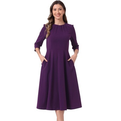 INSPIRE CHIC Women's 3/4 Sleeve Pleated Round Neck Pockets A-Line Swing Work Midi Dress