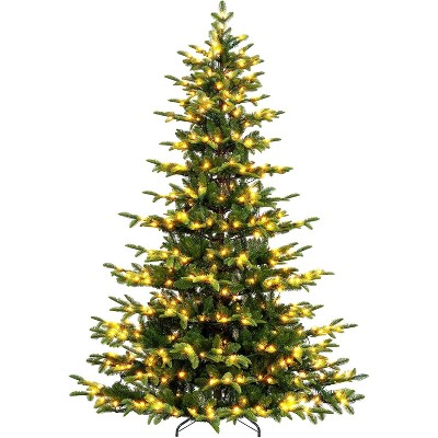 Vivatrees 7.5 Ft Prelit Artificial Christmas Tree With Warm White Lights, Metal Stand, Hinged Branches, Xmas Tree for Decor, Green