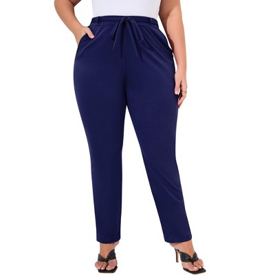 Clearlove Plus Size Women's Solid Color Tie Waist Tummy Control Slim Leg Pants Stretch Comfort Work Pants