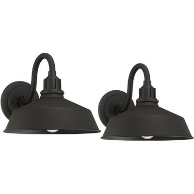 Franklin Iron Works Arnett Rustic Industrial Farmhouse Outdoor Barn Light Fixtures Set of 2 Black Gooseneck 10 1/2" for Exterior Deck House Porch Yard