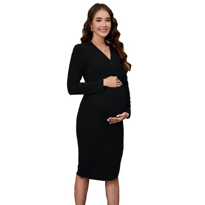 BLUEMING Womens Maternity Sweater Dress V Neck Rib Texture Casual Button Details Stretchy Bodycon Dress