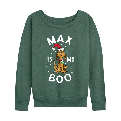 Women's - Dr. Seuss - The Grinch Max Is My Boo Lightweight French Terry Wide Neck Long Sleeve Graphic Shirt