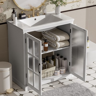 NicBex 30"Modern Bathroom Vanity with Ceramic Sink,Bathroom Combo Set with 2 Tempered Blurred Glass Doors&2 Shelves,8"Pre-drilled Faucet