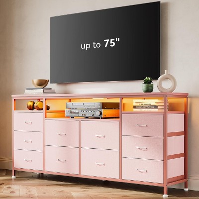 63 Inch Dresser for Bedroom, 10 Drawer Dresser TV Stand for 65 70 75 Inch TV, Entertainment Center with LED Lights & Power Outlets
