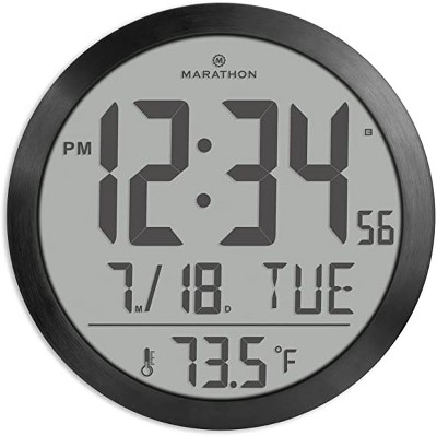 Marathon 15 Inch Round Sleek & Stylish Digital Wall Clock Full Calendar Display & Indoor Temperature
