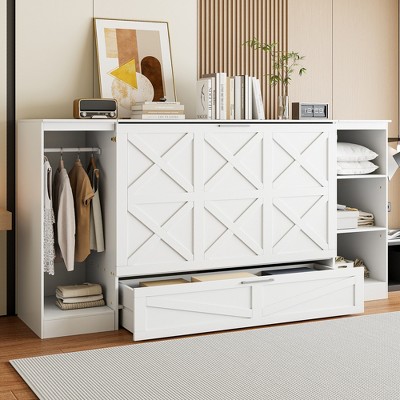 TIRAMISUBEST Twin Size Murphy Bed with Bedside Shelves and Small Wardrobe, Storage Folding Bed Frame with Drawer