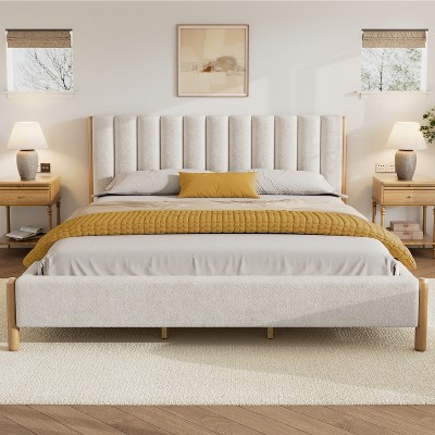 Christopher Knight Home Witt Modern Wood Boucle Platform Bed with Vertical Stripes Headboard, White