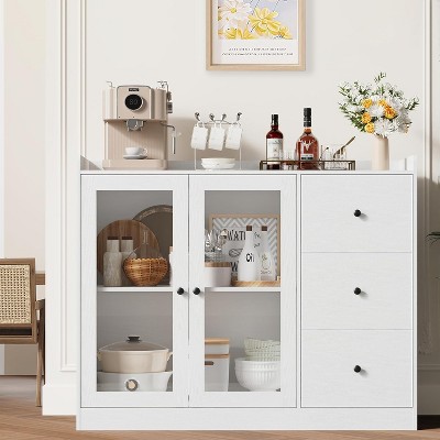 43" Sideboard Buffet Cabinet with/Glass Doors & 3 Drawers - Coffee Bar Storage with Adjustable Shelving | for Kitchen & Dining Room