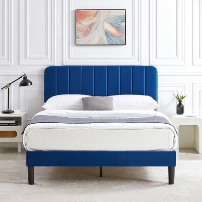 VECELO Velvet Upholstered Platform Bed Frame with Adjustable Headboard, Sturdy Wood Slat Support, No Box Spring Required