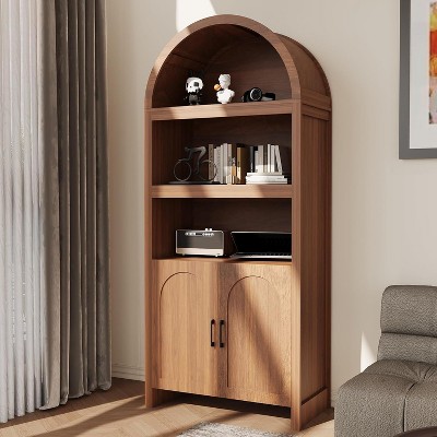 71" Tall Arched Cabinet, 5-Tier Mid Century Arched Bookcase with Doors, 3 Open Display Shelves and Adjustable Shelf, for Kitchen, Living room Office