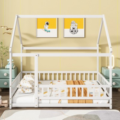 Twin/Full Size House-Shaped Platform Bed Frame Wooden Floor Bed with Guardrails - ModernLuxe