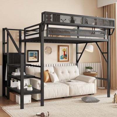 Twin Size Loft Bed with Stairs Metal Full Loft Bed with Storage Shelves High Loft Bed with Wardrobe for Kids Teens Black