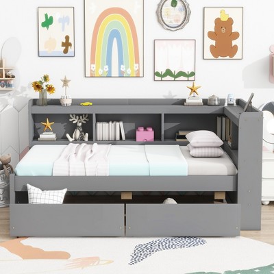 Gulches Twin Size L-shaped Bookcases Bed with Power Outlets, USB Charging Ports,Two Drawers,Grey