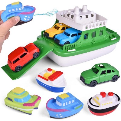 Fun Little Toys 9Pcs Floating Toy Boat Set, Bath & Pool Toys with 4 Mini Cars & 4 Squirter Boats, Birthday Gift for Boys & Girls Ages 1-4