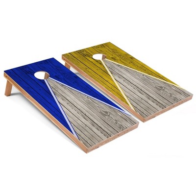 Skip's Garage Royal and Yellow Pyramid Cornhole Board Set, Includes 2 Boards, 8 Bags