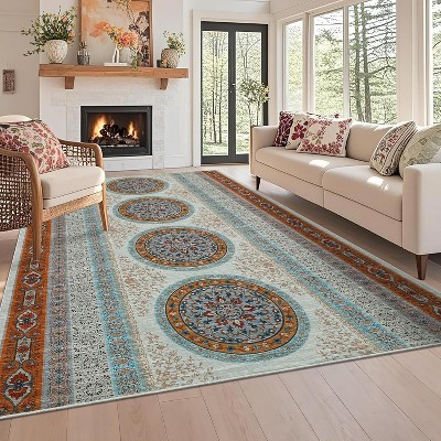 Washable Vintage Printed Rug Non Slip Low Pile Rug Soft Retro Throw Floor Cover Foldable Indoor Carpet for Living Room Bedroom