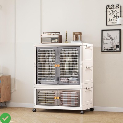 Stackable Storage Bins W/Lids Folding Storage Box W/ Doors and Wheels Collapsible Plastic Door