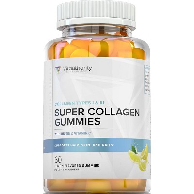 Super Collagen Gummies, Collagen Type I & III Supplement for Healthy Hair, Skin, & Nails, Lemon Flavor, Vitauthority , 60ct