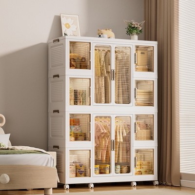 Rolling Wardrobe Storage Organizer, for Clothes, 12 Magnetic Doors -12 Cubes & 2 Hanging Rod, 16 pcs hangers, Baby Wardrobe Storage Cabinet - White