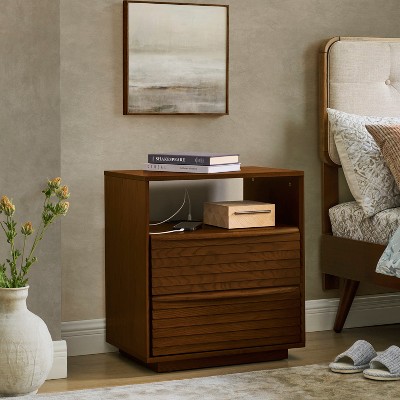 Mid-Century Modern Nightstand with Charging Station, Outlet Hole, 2 Solid Wood Drawers, Open Shelf, End Table for Living Room or Dorm