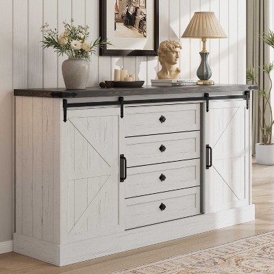 Farmhouse 4 Drawer Dresser, 58.7" Chest of Drawers with Sliding Barn Door, Rustic Wood Sideboard Buffet Cabinet with Adjustable Shelves