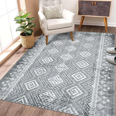 9x12ft Washable Vintage Geometric Printed Area Rug, Non Slip Low Pile Indoor Carpet, Ultra Thin Soft Mat for Living Room, Bedroom Office, Grey
