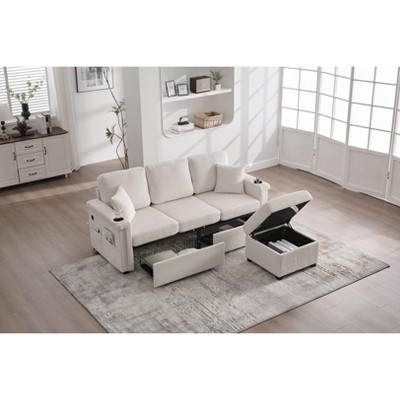 Mocamel Corduroy L-Shaped Sofa Pull-Out Storage Ottoman Pillows 3-Seat USB Charging Cup Holder Convertible Design Living Room Apartment