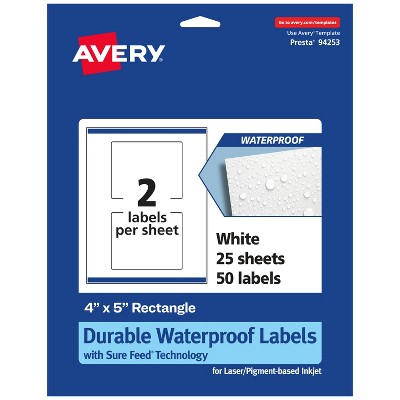 Avery Durable Waterproof Rectangle Labels with Sure Feed, 4" x 5"