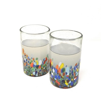 Dos Sueños Mexican Hand Blown Drinking Glasses - Confetti Carmen Design - 14oz - Set of 2