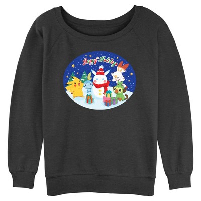 Juniors Womens Pokemon Happy Holidays Snowman Pikachu Sweatshirt