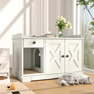 Farmhouse Hidden Cat Litter Box Enclosure with Storage Drawer and Litter Mat, Multi-Use Side Table Cat Cabinet - The Pop Home