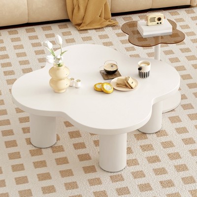 KWPZQEB Modern Coffee Table Set of 2, Irregular Shape Coffee Table with Four Roman Column Legs & Glass Top, End Table for Living Room, Small Spaces