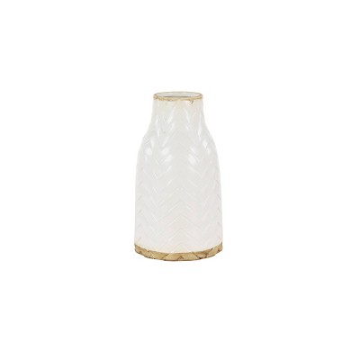 Olivia & May 12" x 7" Round White Ceramic Vase with Chevron Pattern: Nautical Coastal Beach Style, Tabletop Amphora Decor