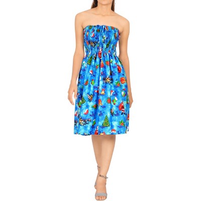 LA LEELA Women's Casual Beach A line Slit Mini Dress Tube Top Evening Short Strapless Christmas Tree Dresses for Women One Size Iris, Santa Gifts