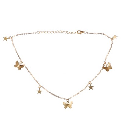 Unique Bargains Delicate Butterfly Star Pendant Chain Choker Necklace for Women Gold Tone 1PC