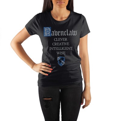 Harry Potter House of Ravenclaw Crest & Characteristics Clever Creative Intelligent Wise Women's Black Tee T-Shirt Shirt