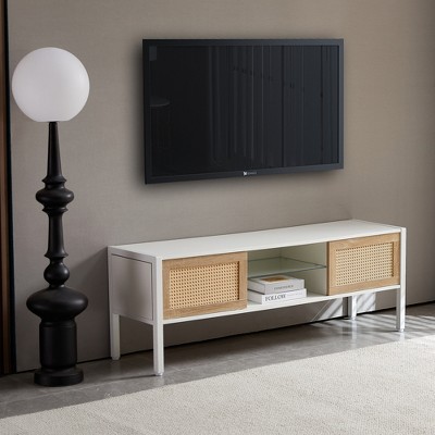 KTMBDW Rattan TV Stand for up to 65 inch TV, Boho Entertainment Center with sliding doors&Adjustable Shelf, Rattan TV Console for Living Room, Bedroom
