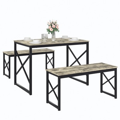 Dining Table Set for 4, Rectangle Dinner Breakfast Dinette with 2 Benches, 3 Piece, Dark Brown/Oak