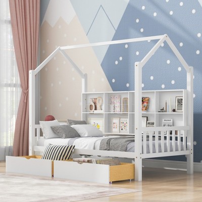 Wooden Platform House Bed with Trundle and Shelf-ModernLuxe