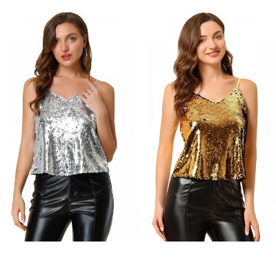 Allegra K Women's Sequined Shining Adjustable Straps Party Sparkle Cami Top 2 Packs