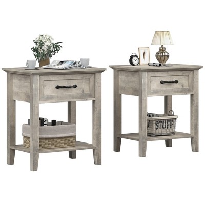 Grey Nightstands Set of 2, End Table with Drawer, Side Table for Spaces, 2 Tiers Storage Shelves with Dresser, Bedside Table for Living Room, Bedroom