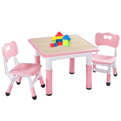 Aoibox Kids Table and 2 Chairs Set Height Adjustable Toddler Furniture for Ages 3-8 Easy Wipe Arts Crafts Pink 3pcs