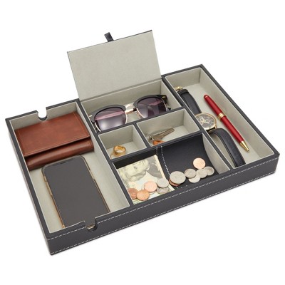 Leather Valet Catchall Tray for Men with 6 Compartments - Bedside Nightstand Organizer for Phones