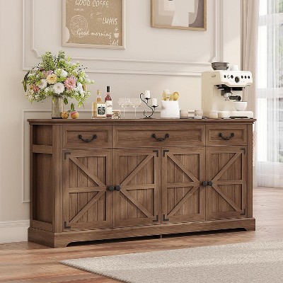 Vipbear Buffet Cabinet, 65" Large Kitchen Storage Cabinet With 3 Drawers And 4 Doors, Wood Coffee Bar Cabinet Buffet Table, Wine Bar Storage Cabinet