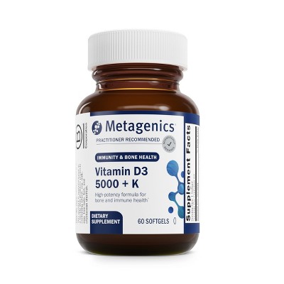 Metagenics Vitamin D3 + K, 5,000 IU, MK-7 (K2), Immune, Bone & Heart Health Support, Non-GMO, Gluten-Free, 60 Softgels