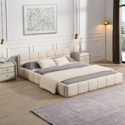 Queen Size Platform Bed Chenille Upholstered Bed with Checkerboard Headboard -- Frevyn